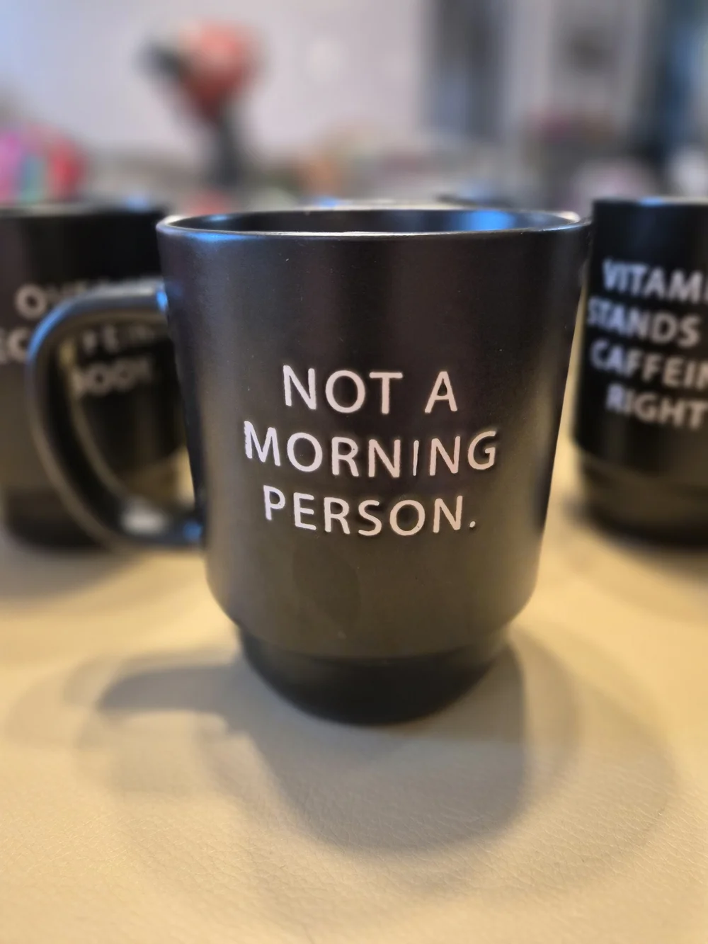 Stackable Black Ceramic Coffee Mug Set with Rack - Humorous White Text